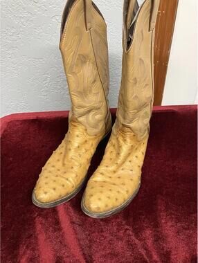 Justin Western Boots 9.5 D Exotic OSTRICH 2 Tone Tan VTG Full Quill Leather